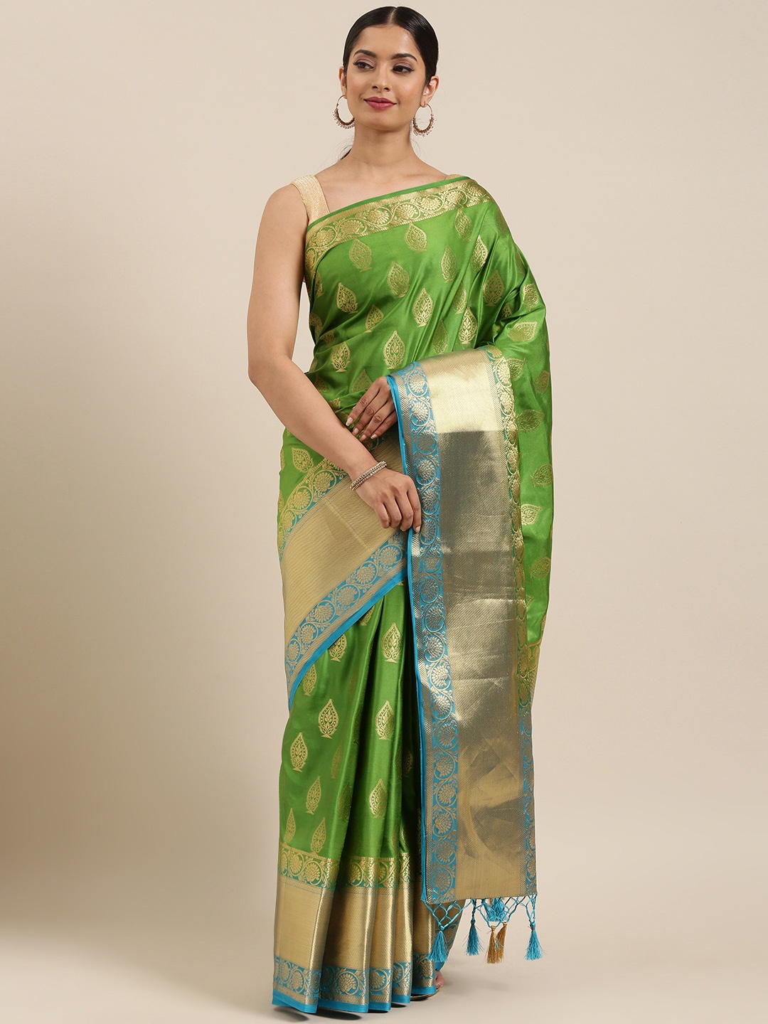 

MIMOSA Olive Green & Golden Art Silk Woven Design Kanjeevaram Saree