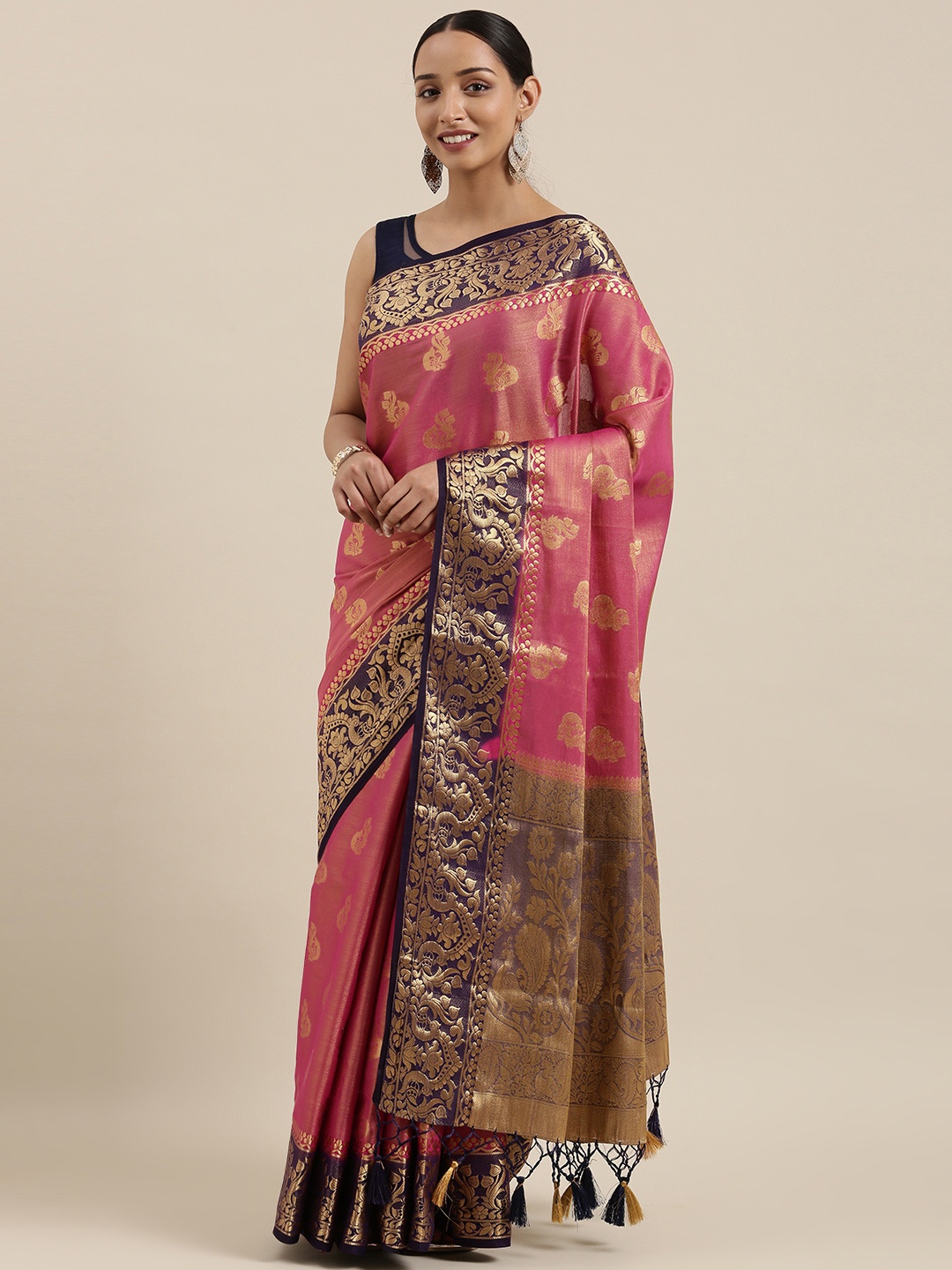 

MIMOSA Pink & Gold-Toned Art Silk Woven Design Kanjeevaram Saree
