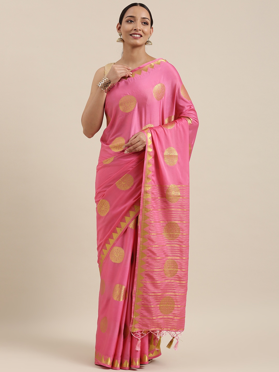 

MIMOSA Pink Poly Crepe Woven Design Mysore Silk Saree