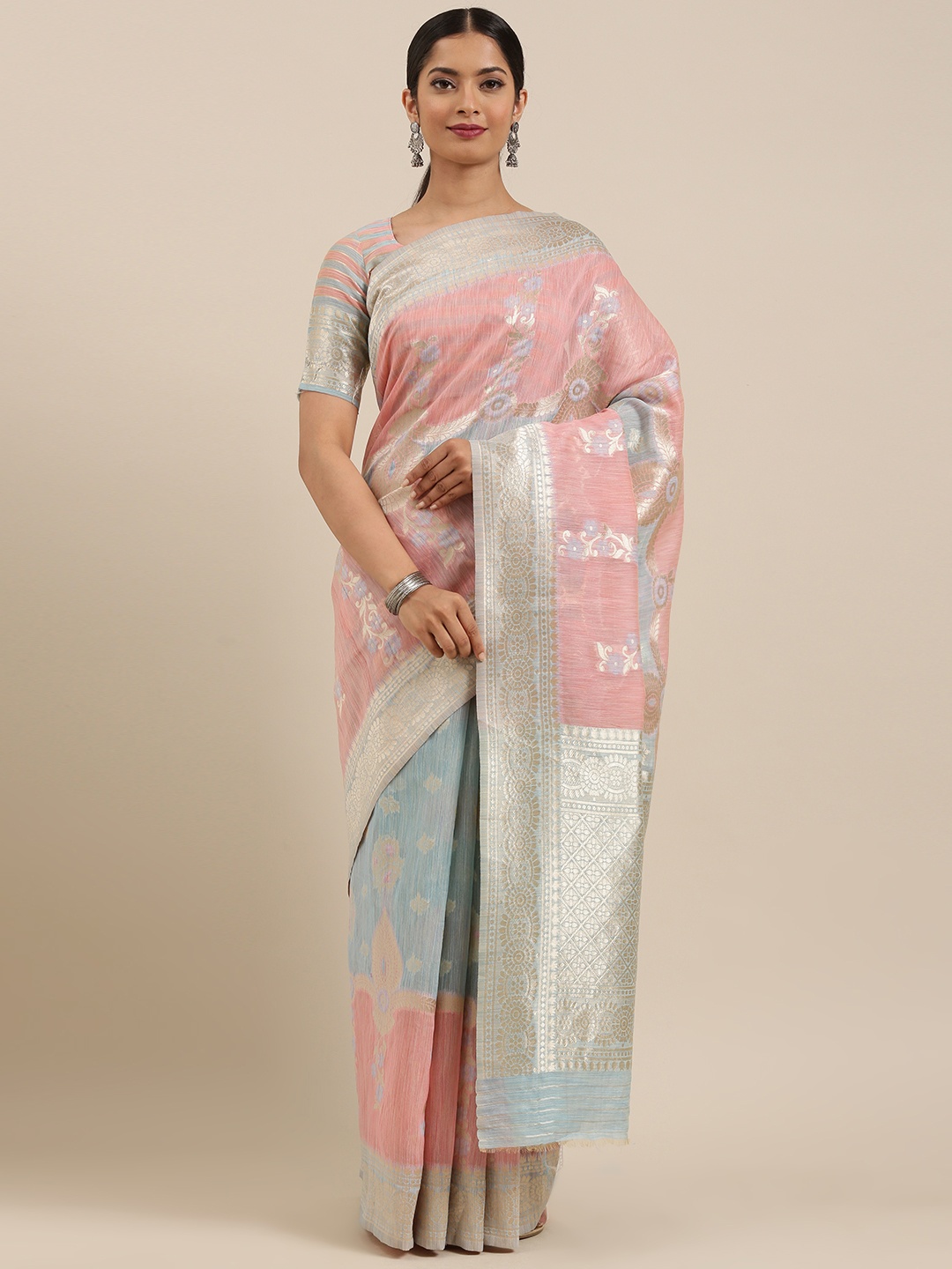 

MIMOSA Pink & Blue Cotton Blend Woven Design Banarasi Saree