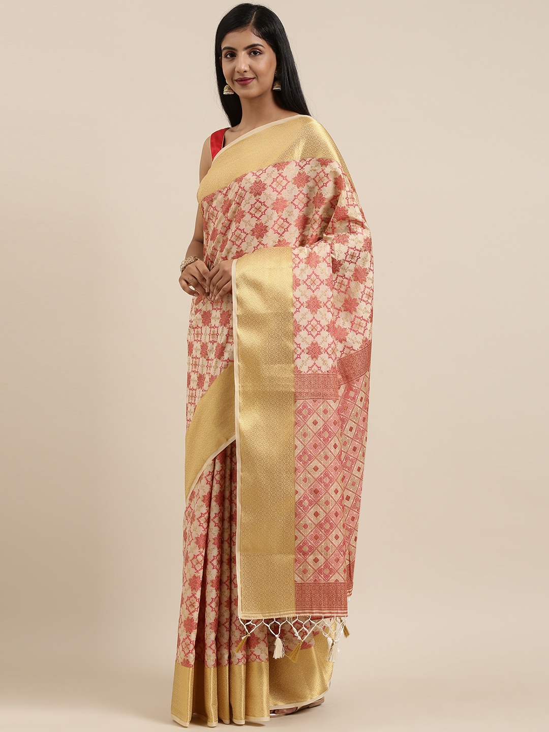

MIMOSA Off-White & Rust Pink Art Silk Woven Design Patola Saree