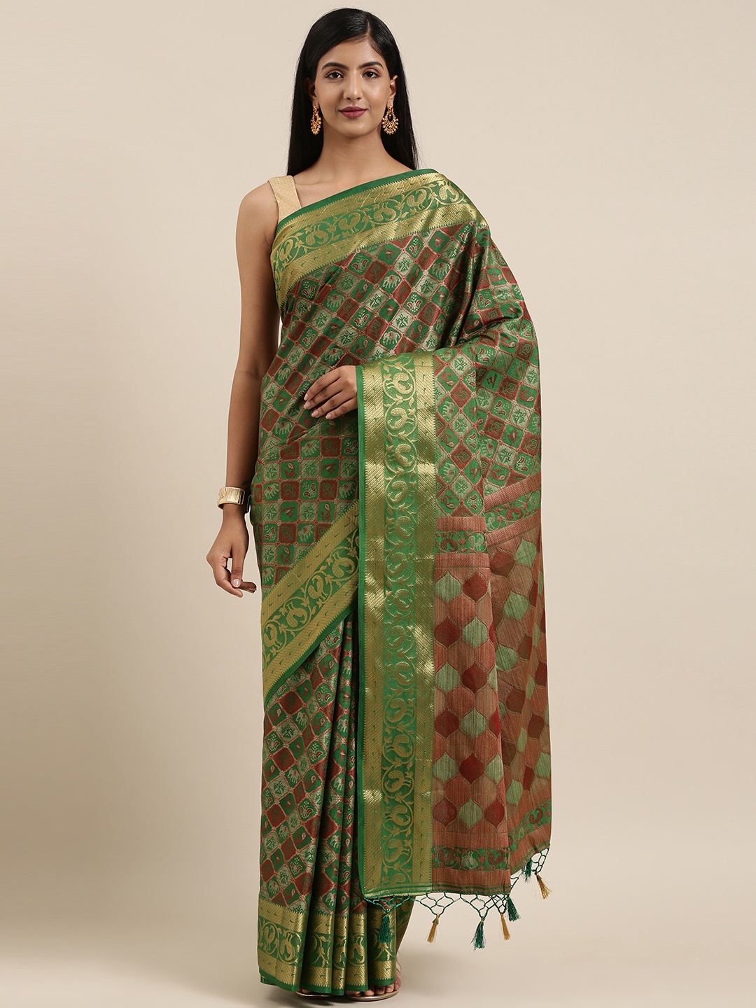 

MIMOSA Green & Brown Art Silk Woven Design Patola Saree