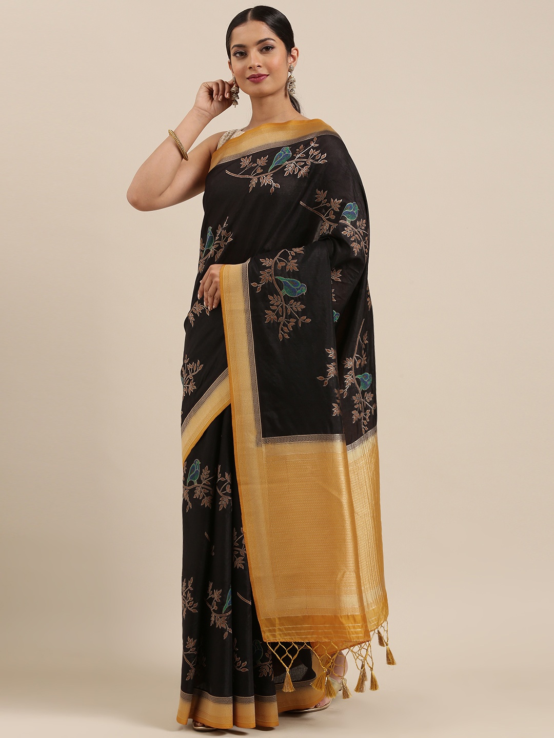 

MIMOSA Black & Gold-Toned Art Silk Woven Design Kanjeevaram Saree