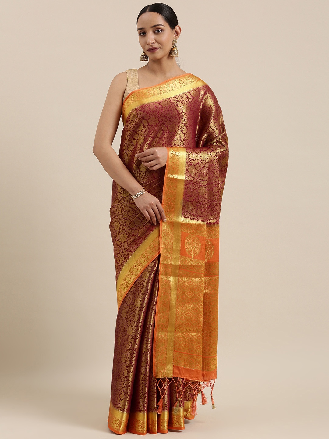 

MIMOSA Burgundy & Gold-Toned Art Silk Woven Design Kanjeevaram Saree