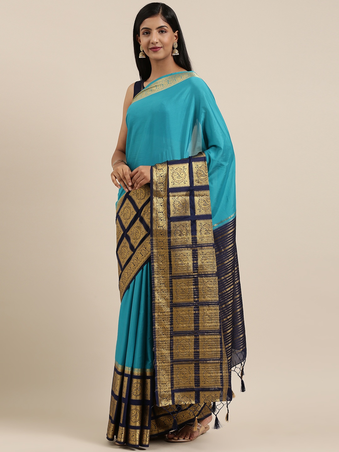 

MIMOSA Blue & Gold-Toned Poly Crepe Woven Design Mysore Silk Saree