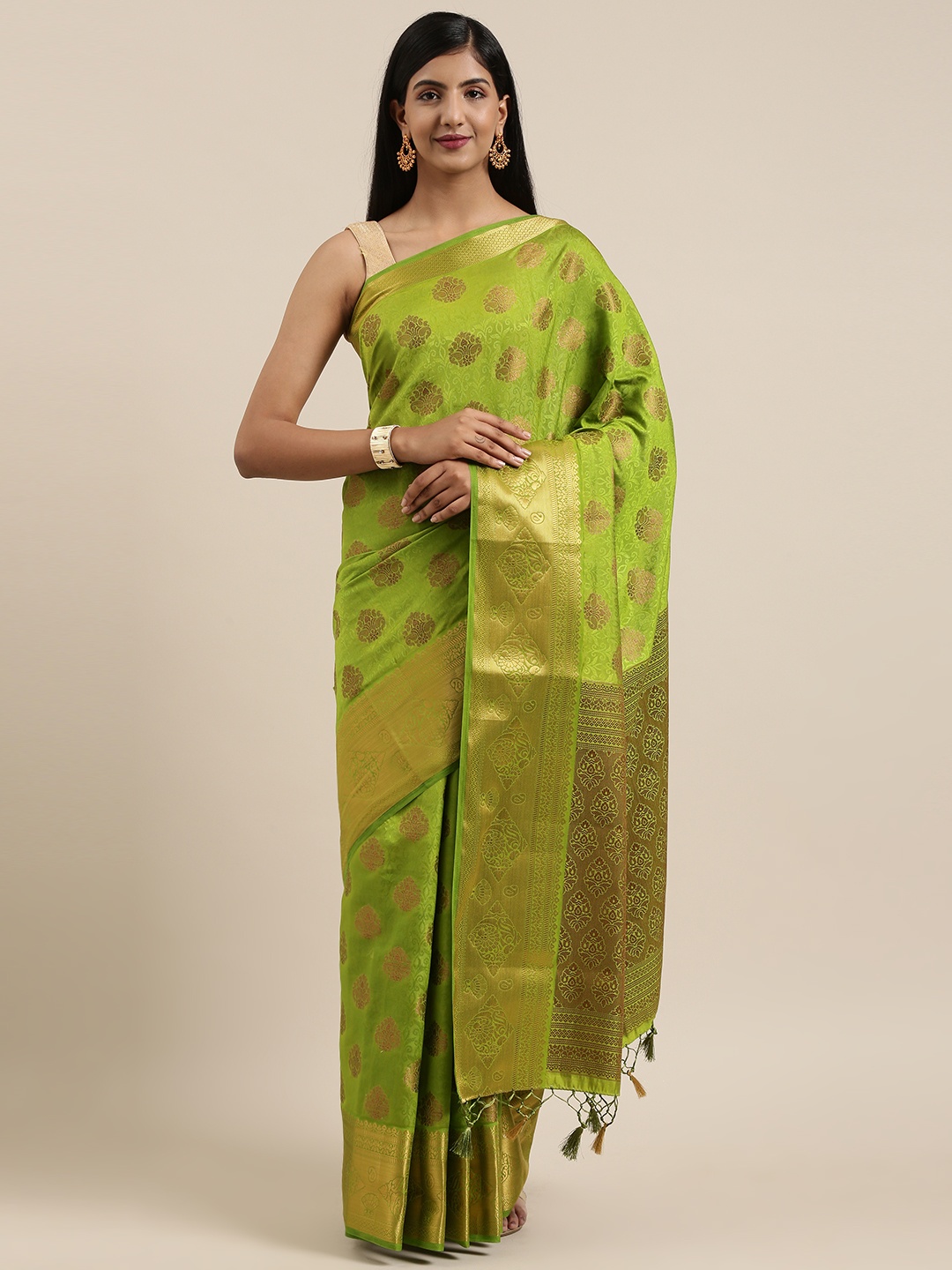 

MIMOSA Green & Gold-Toned Art Silk Woven Design Kanjeevaram Saree
