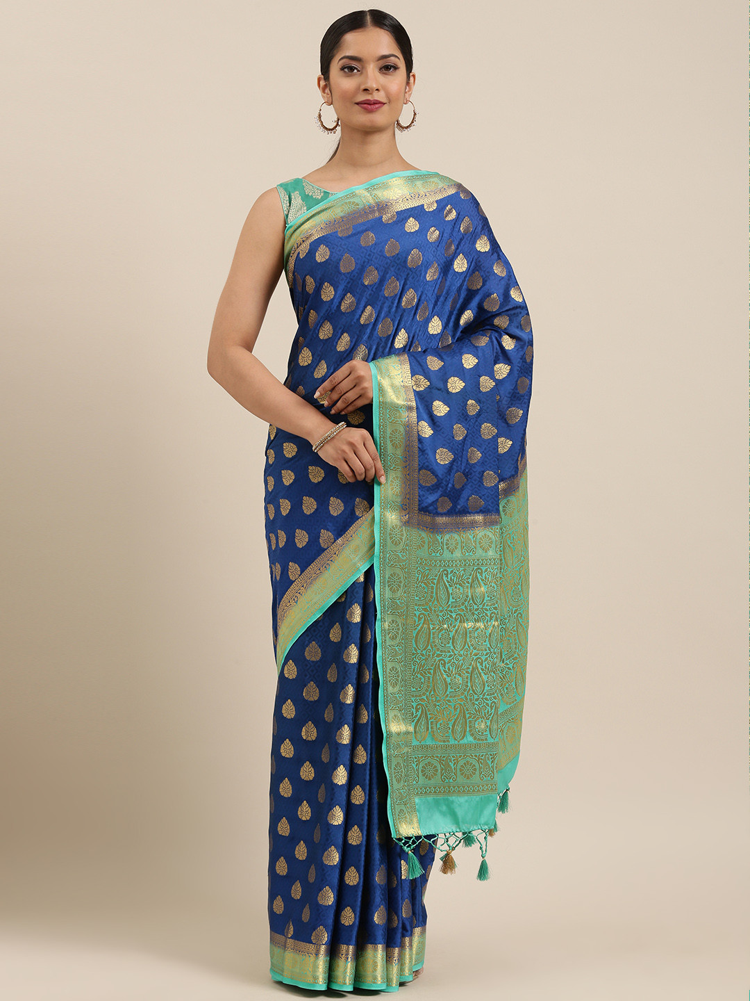 

MIMOSA Navy Blue & Gold-Toned Poly Crepe Woven Design Mysore Silk Saree