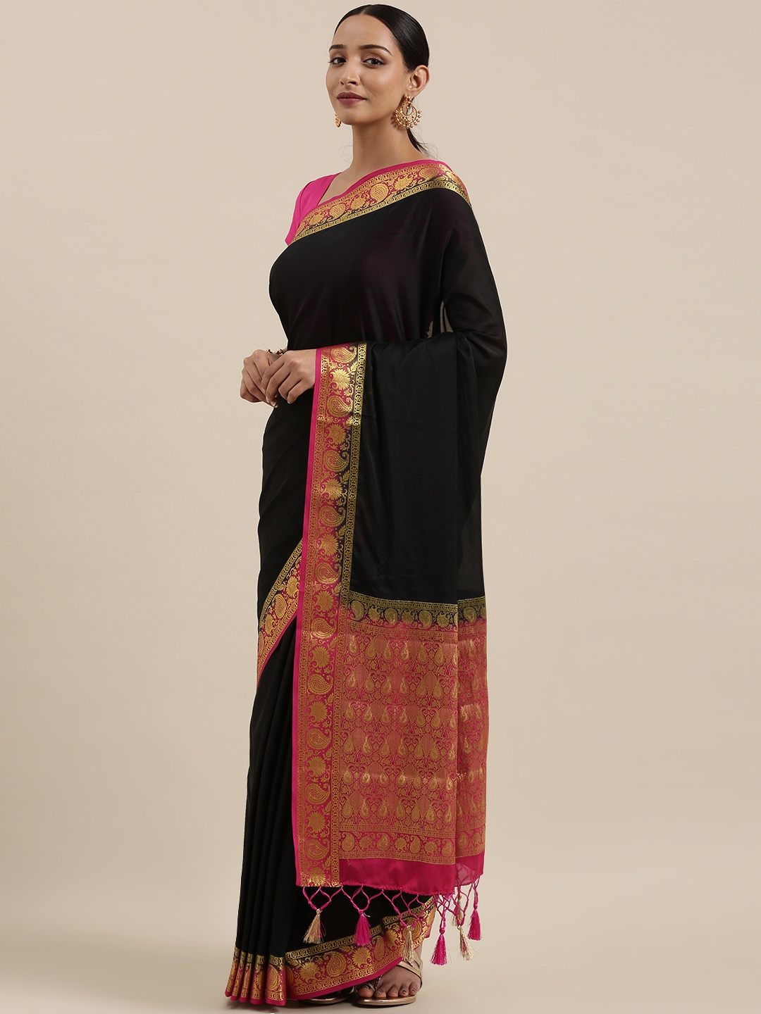 

MIMOSA Black Poly Crepe Solid Mysore Silk Saree