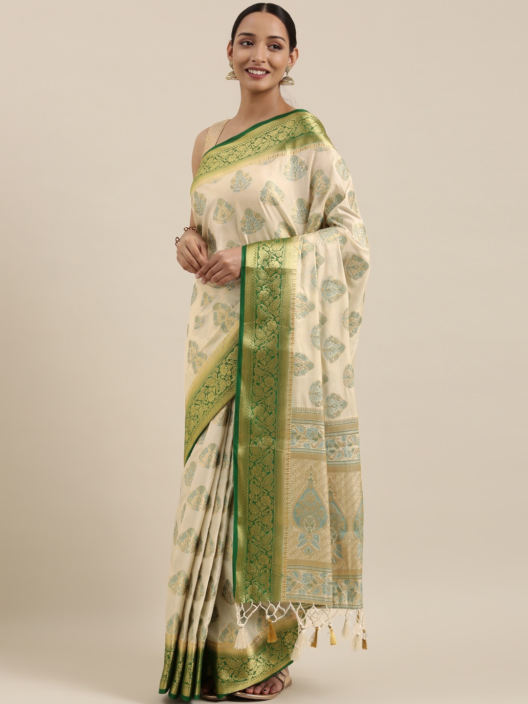 

MIMOSA Off-White & Green Art Silk Woven Design Kanjeevaram Saree