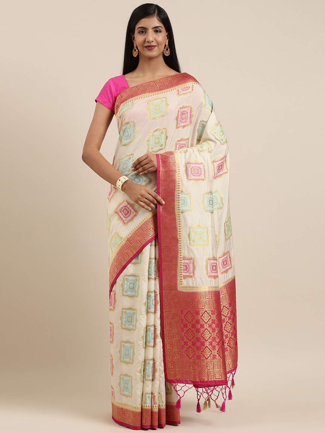 

MIMOSA Off-White & Pink Art Silk Woven Design Patola Saree