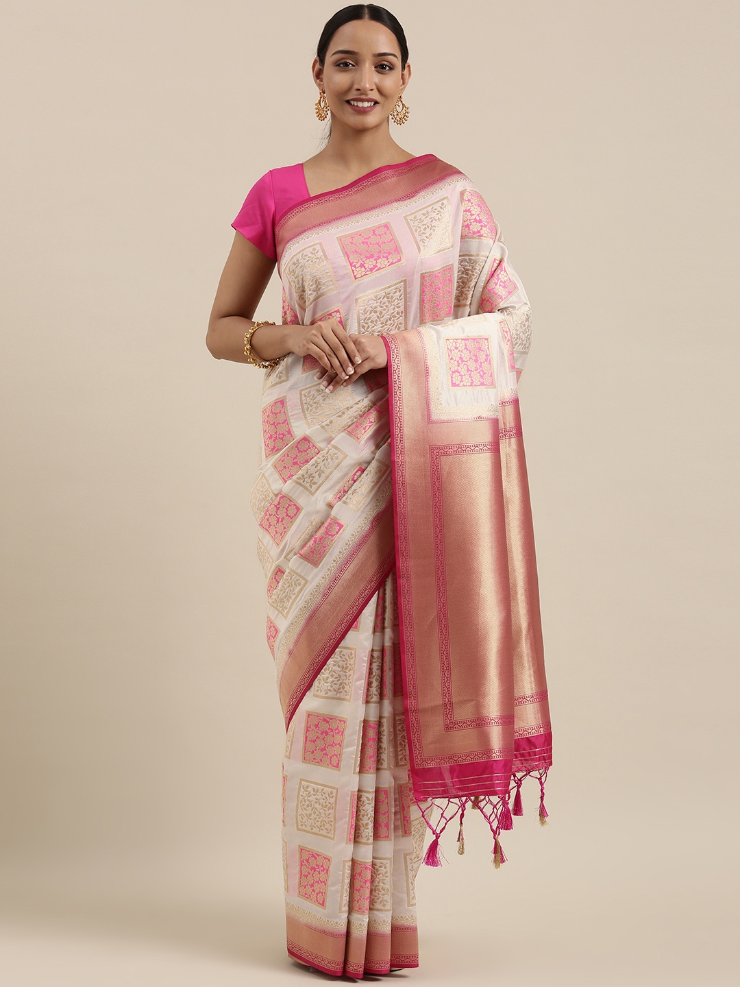 

MIMOSA Off-White & Pink Art Silk Woven Design Kanjeevaram Saree