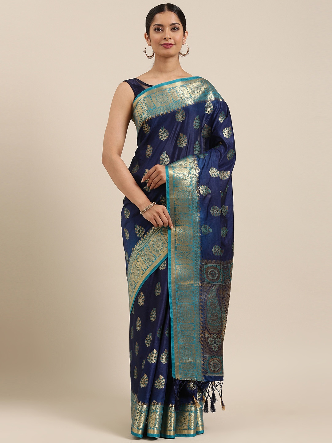 

MIMOSA Navy Blue & Blue Art Silk Woven Design Kanjeevaram Saree