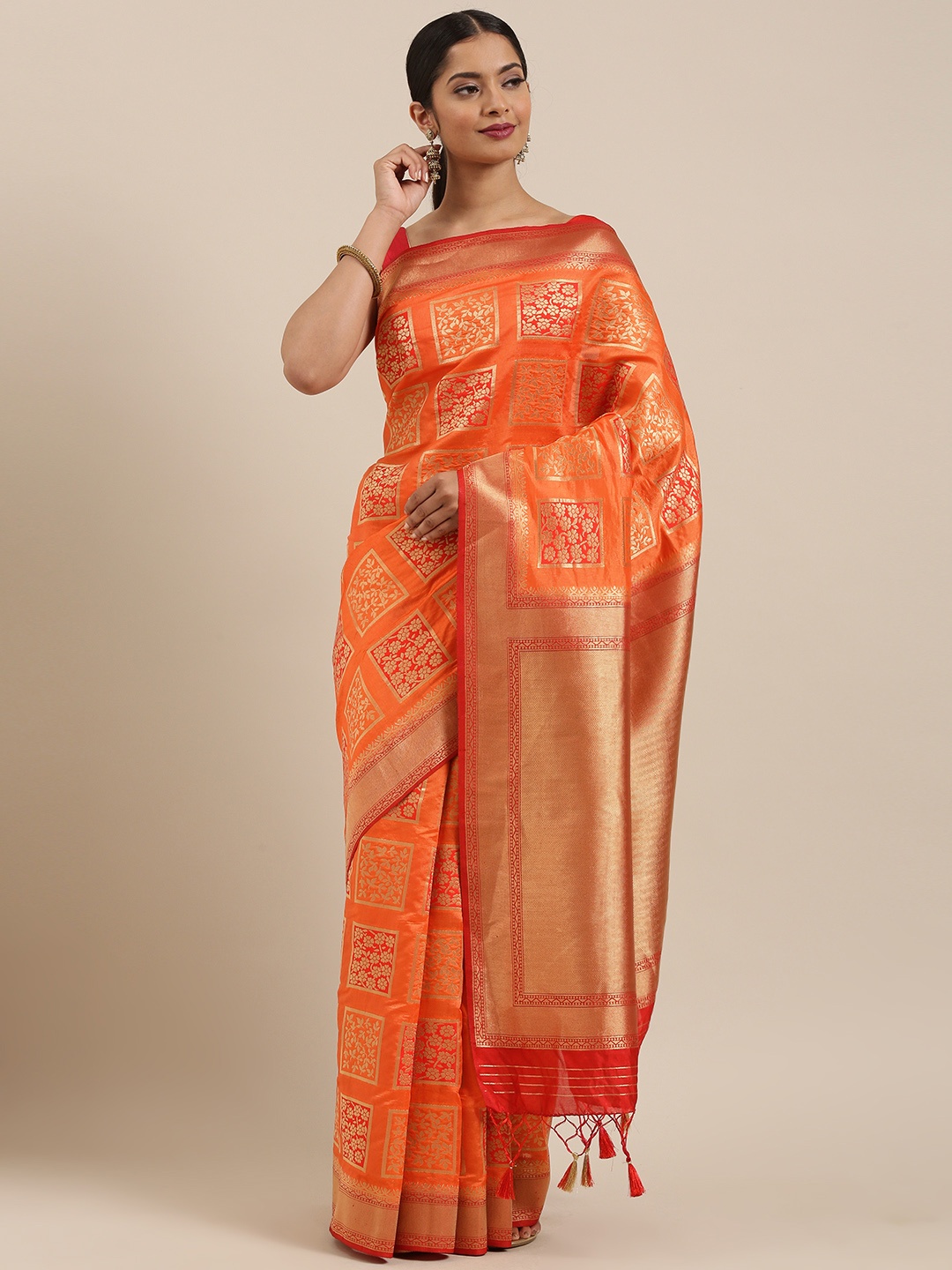 

MIMOSA Orange & Gold-Toned Art Silk Woven Design Kanjeevaram Saree