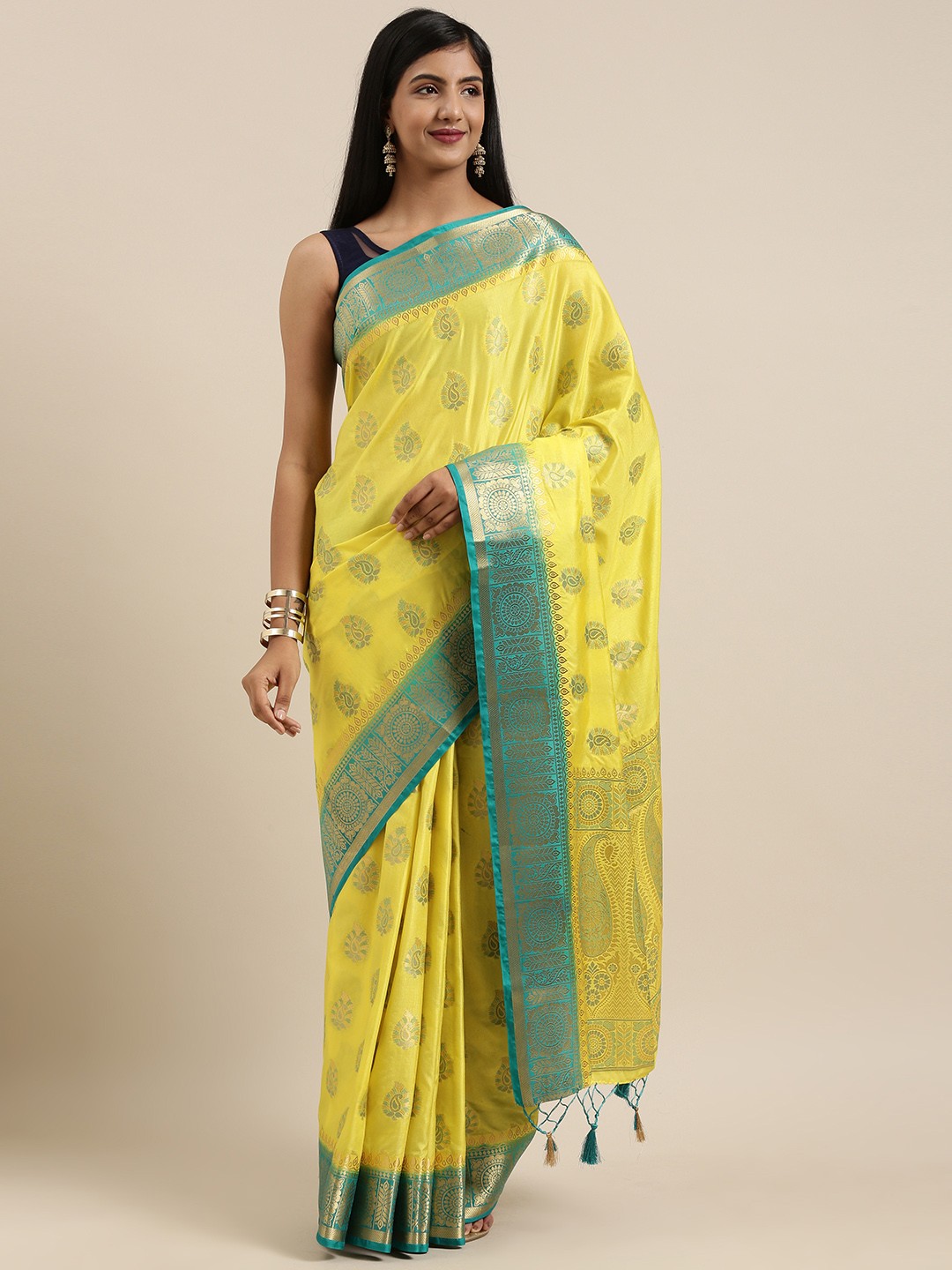 

MIMOSA Yellow & Teal Blue Art Silk Woven Design Kanjeevaram Saree