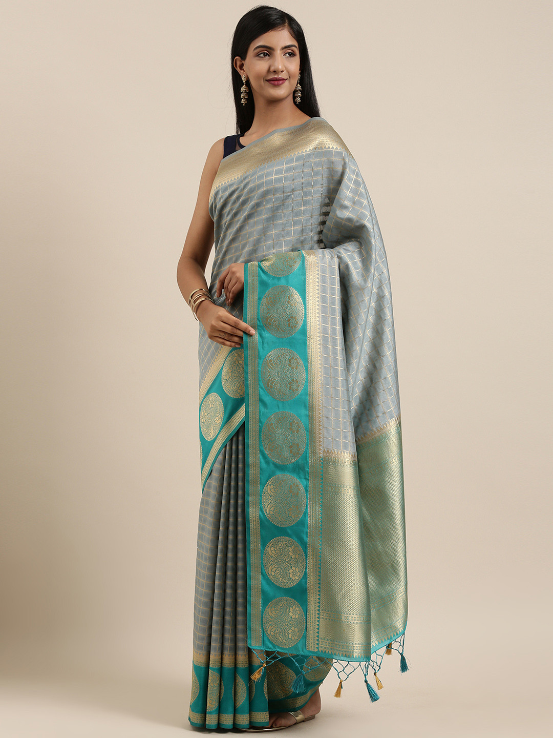 

MIMOSA Grey & Blue Art Silk Woven Design Kanjeevaram Saree