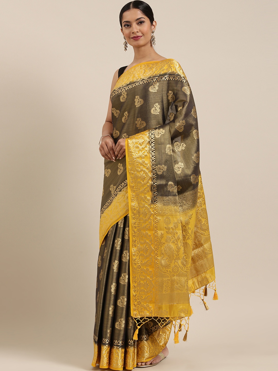 

MIMOSA Charcoal Grey & Yellow Art Silk Woven Design Kanjeevaram Saree