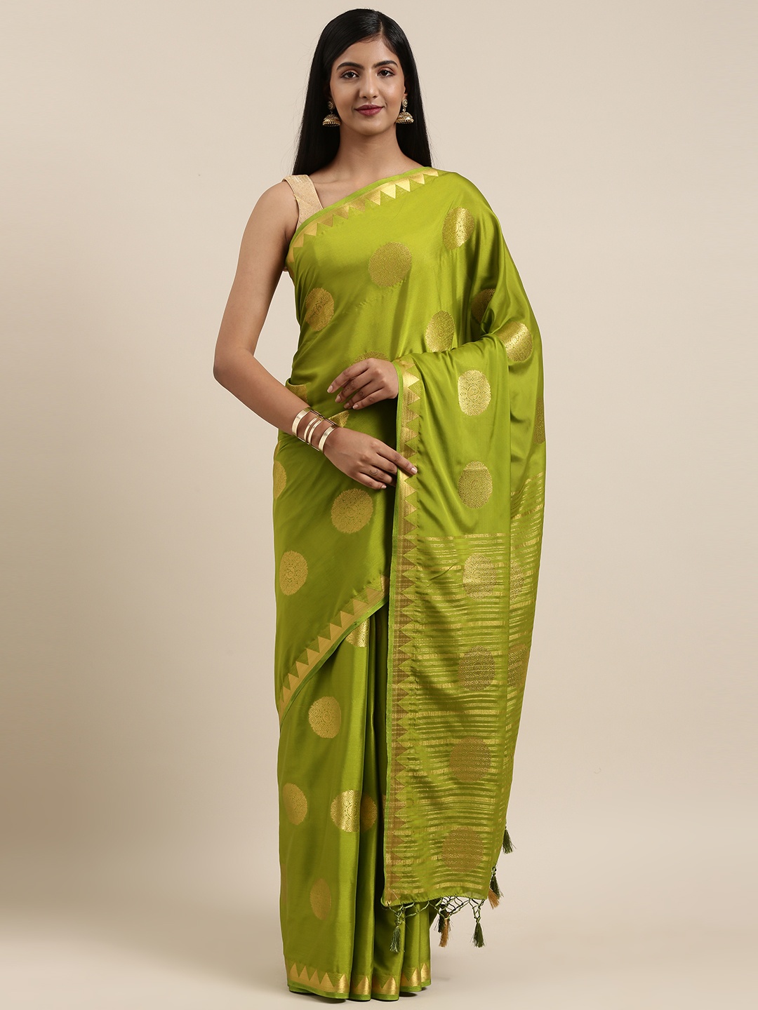 

MIMOSA Lime Green & Gold-Toned Poly Crepe Woven Design Mysore Silk Saree