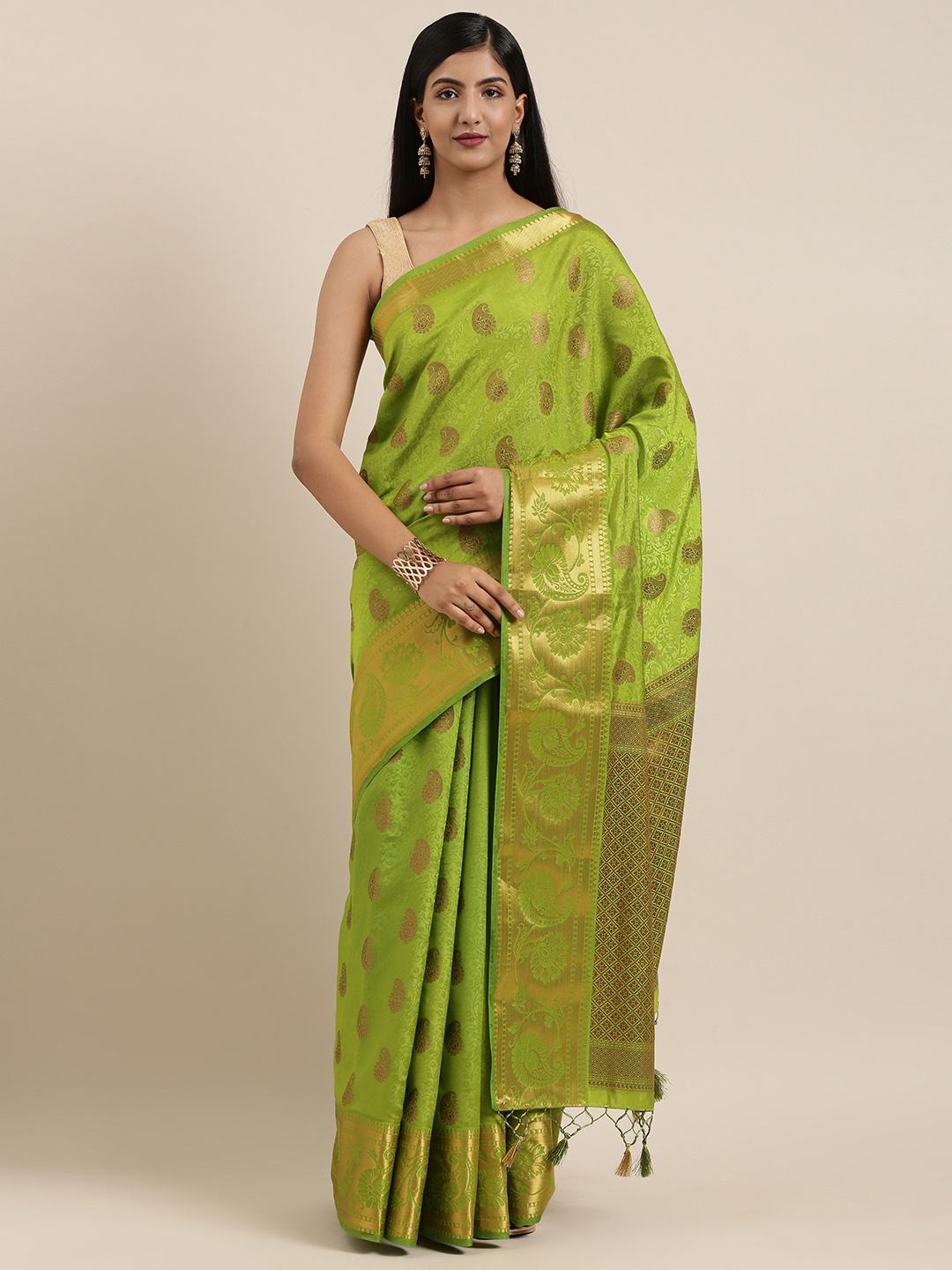 

MIMOSA Green & Gold-Toned Art Silk Woven Design Kanjeevaram Saree