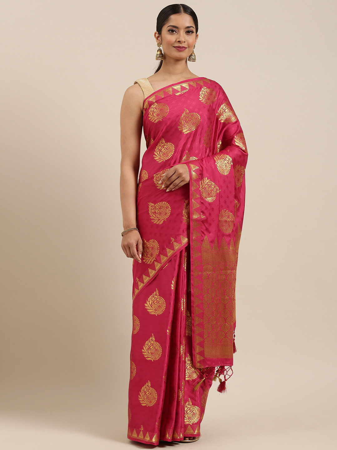 

MIMOSA Pink & Gold-Toned Poly Crepe Woven Design Mysore Silk Saree