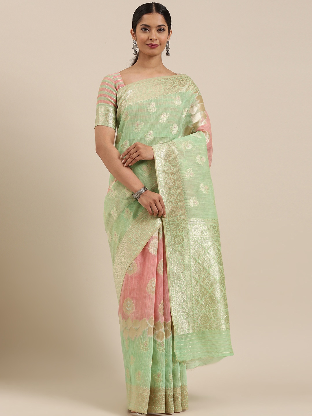 

MIMOSA Green & Pink Cotton Blend Woven Design Banarasi Saree