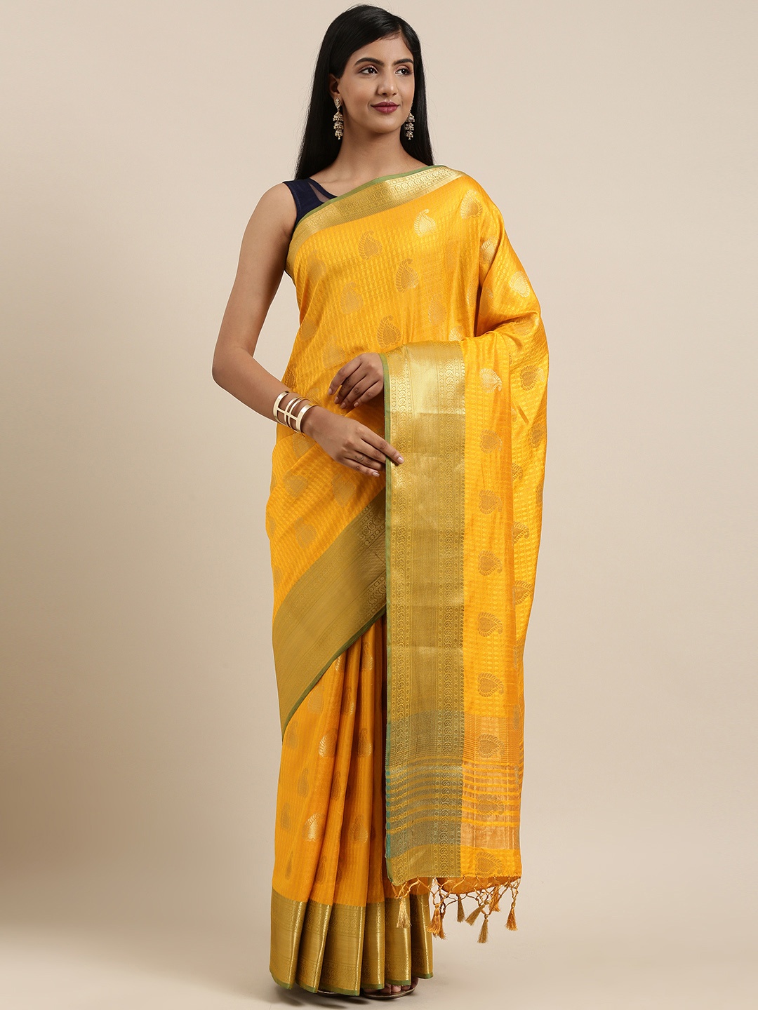 

MIMOSA Yellow & Golden Art Silk Woven Design Kanjeevaram Saree