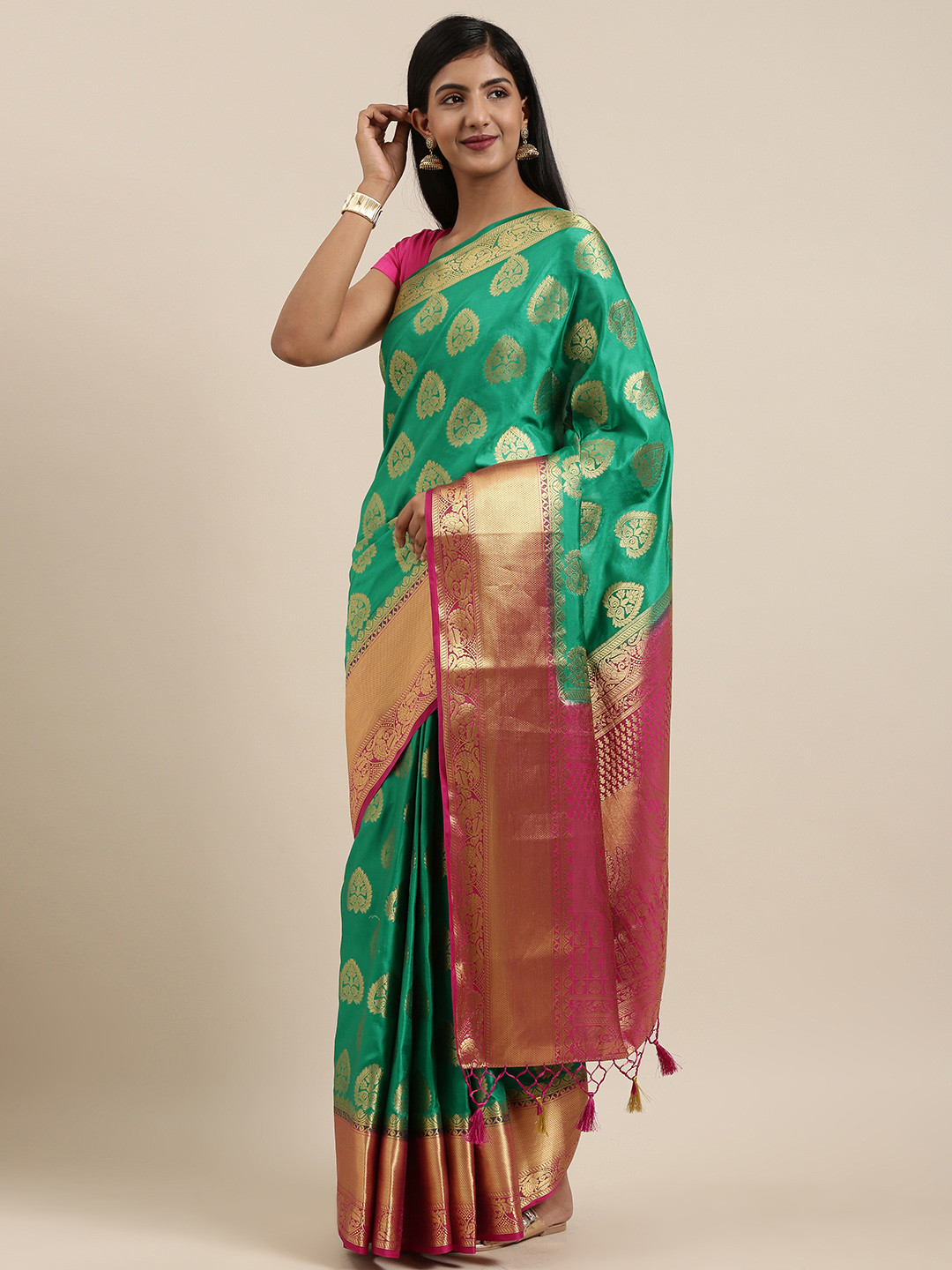 

MIMOSA Green & Pink Art Silk Woven Design Kanjeevaram Saree