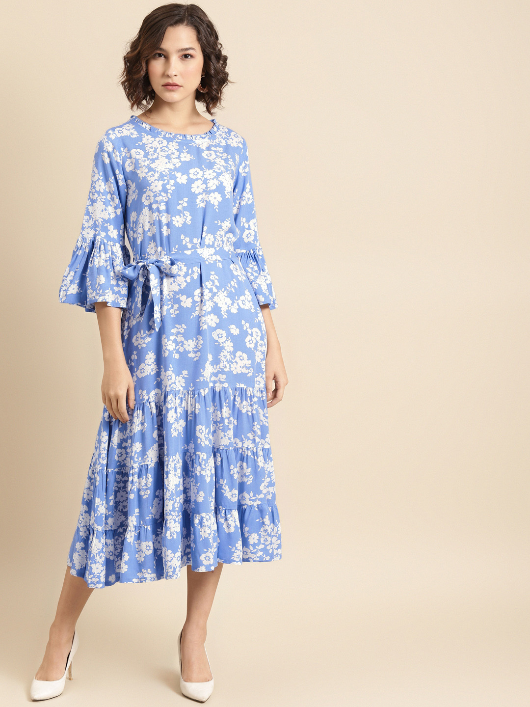 

Prakrti Women Blue & White Romantic Floral Print Tiered Midi A-Line Dress with Belt