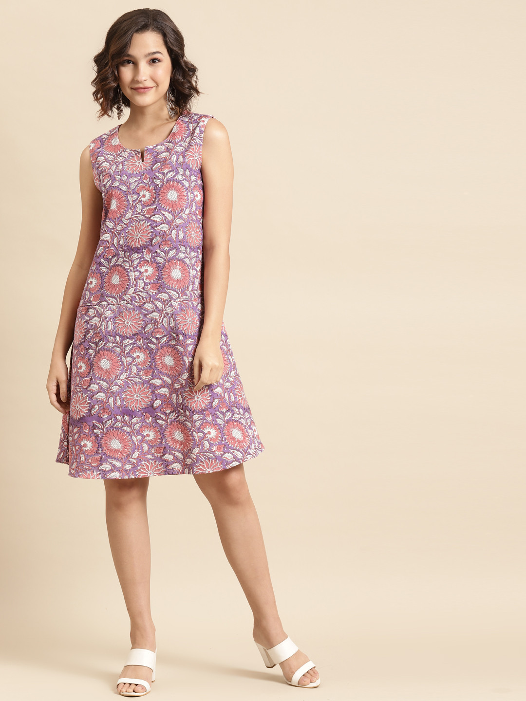 

Prakrti Women Purple & Pink Floral Print Sustainable Cotton A-Line Dress