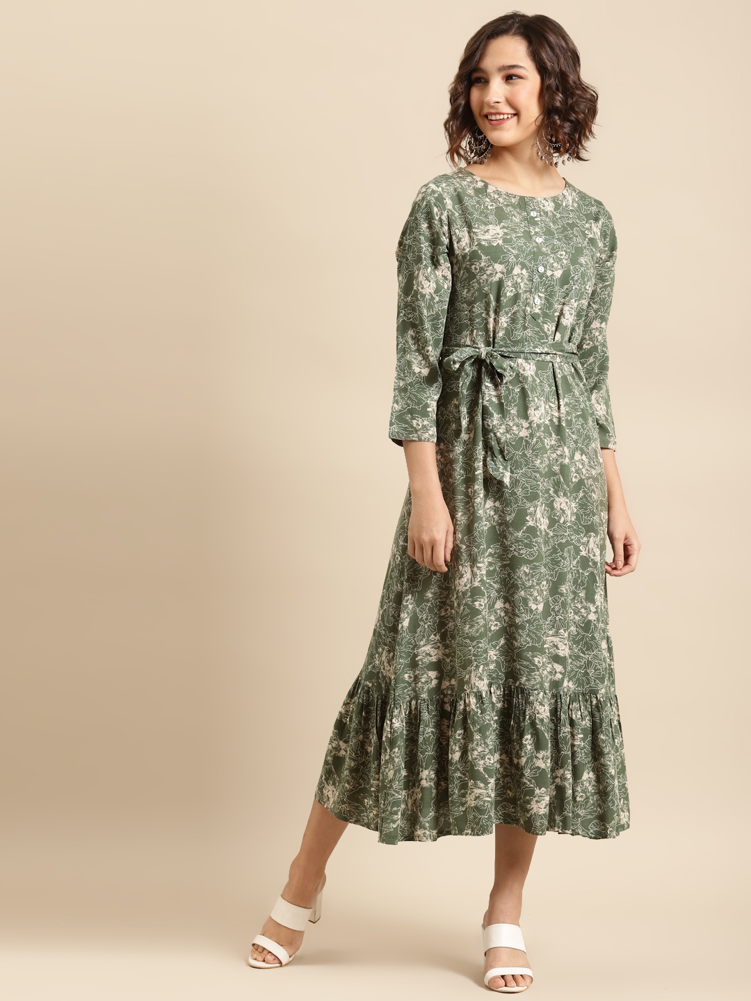 

Prakrti Women Olive Green & Beige Printed Midi Fit and Flare Dress with Belt