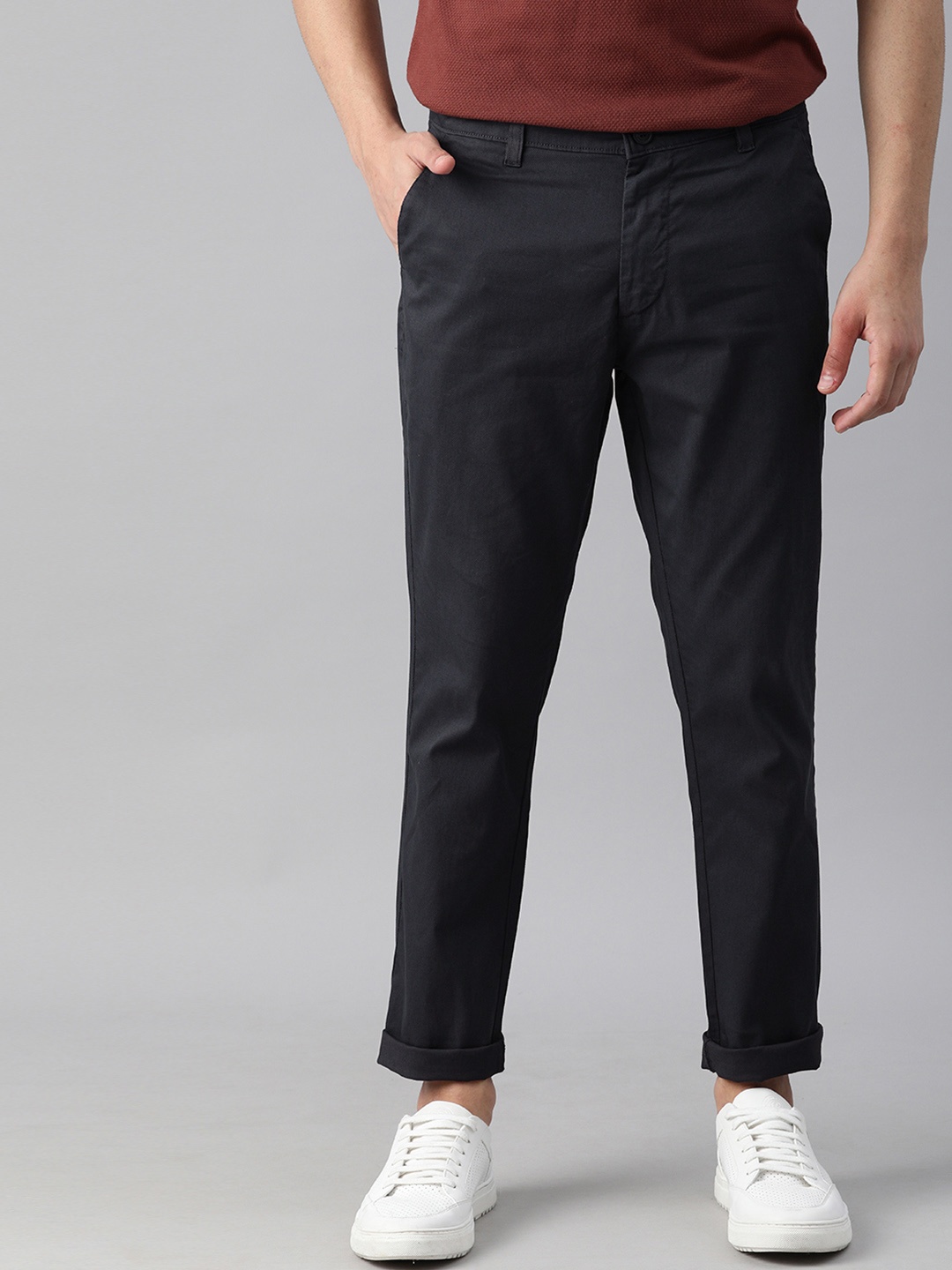 

Mast & Harbour Men Navy Blue Textured Slim Fit Regular Trousers