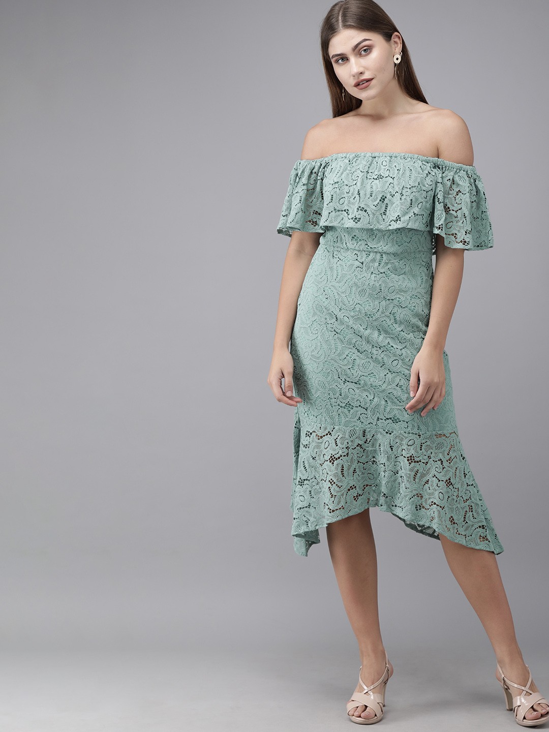 

Vero Moda Women Sea Green Off-Shoulder Lace Asymmetric Sheath Dress