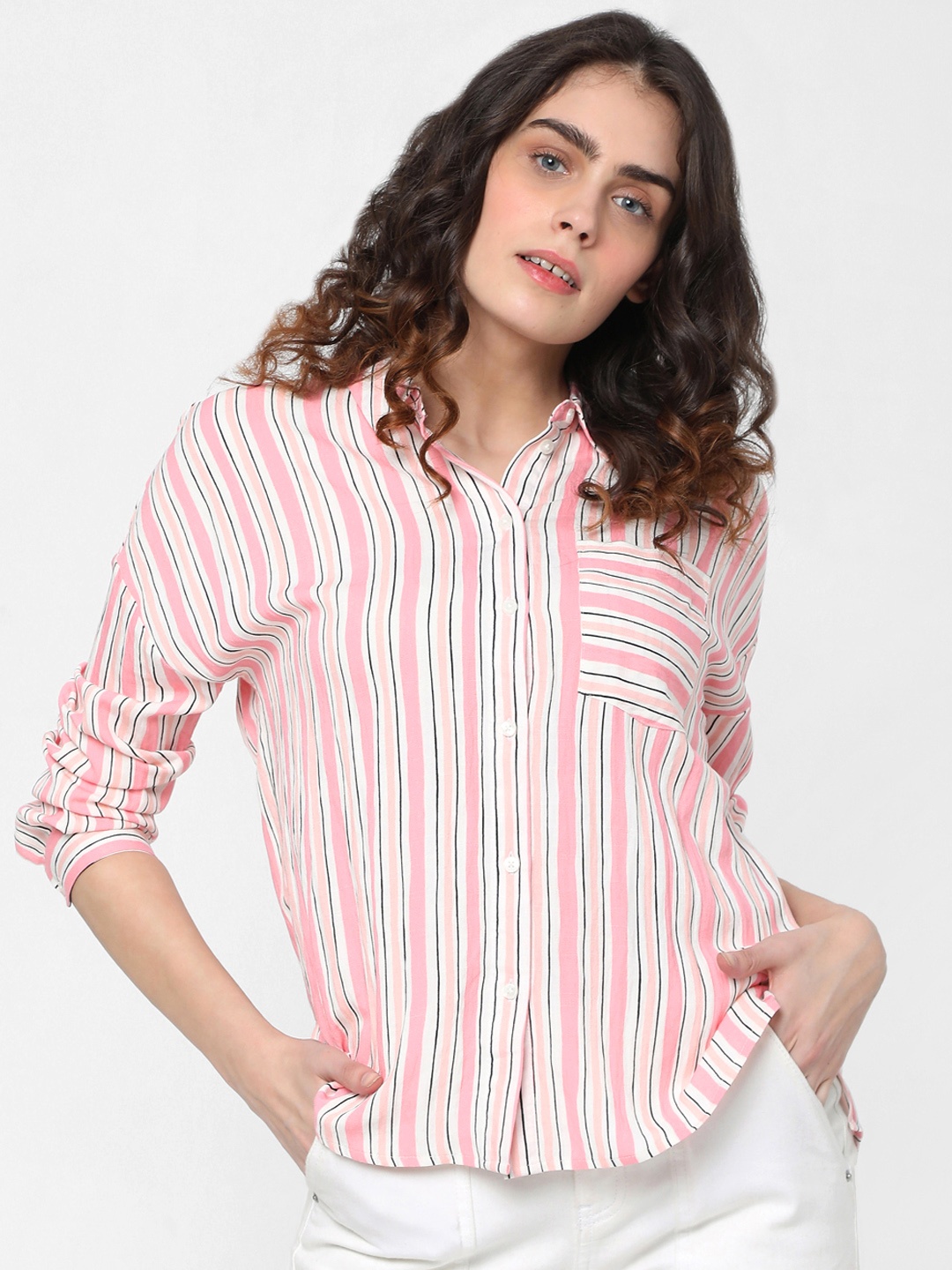 

Vero Moda Women Pink & White Regular Fit Striped Casual Shirt