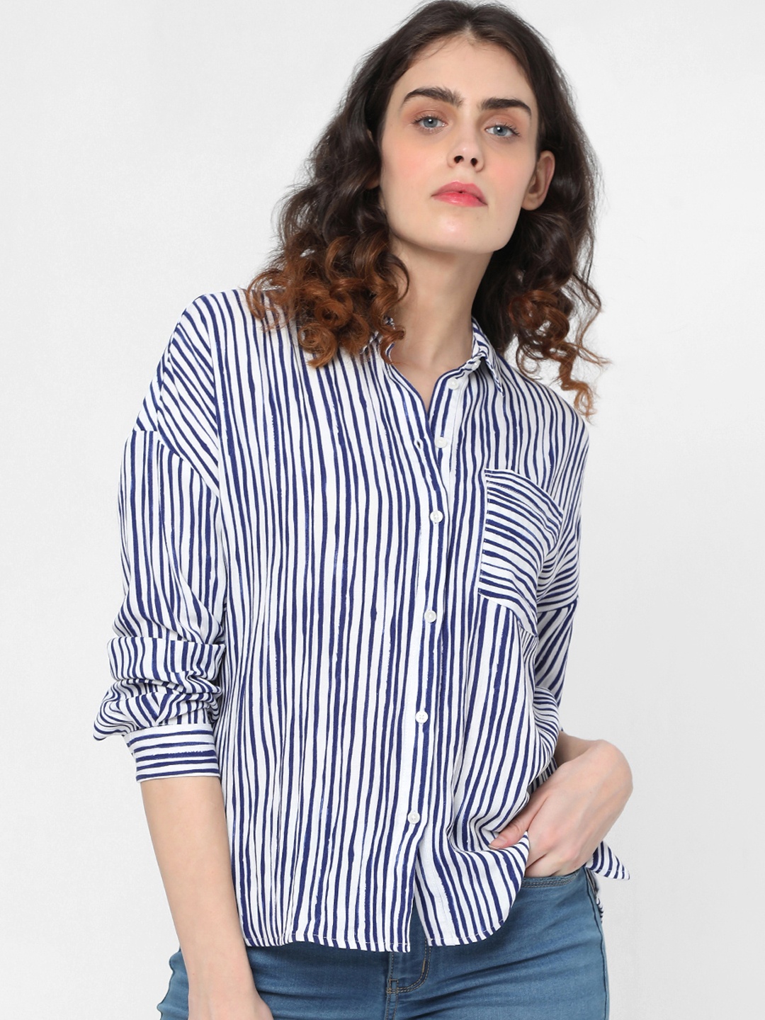 

Vero Moda Women Navy Blue & White Regular Fit Striped Casual Shirt