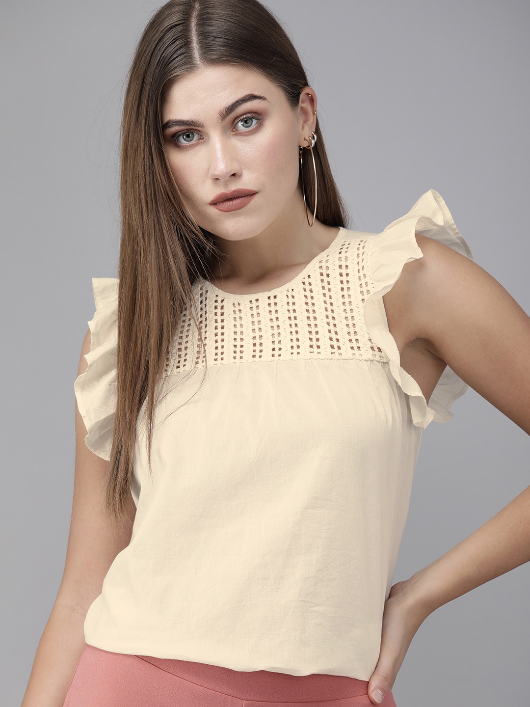 

Vero Moda Women Cream-Coloured Self-designed Flutter Sleeves Pure Cotton Regular Top