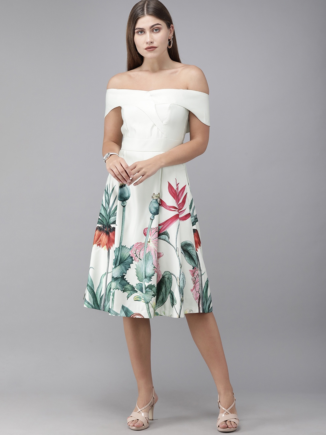 

Vero Moda Marquee Collection Women Off-White & Green Off-Shoulder Floral Print A-Line Dress