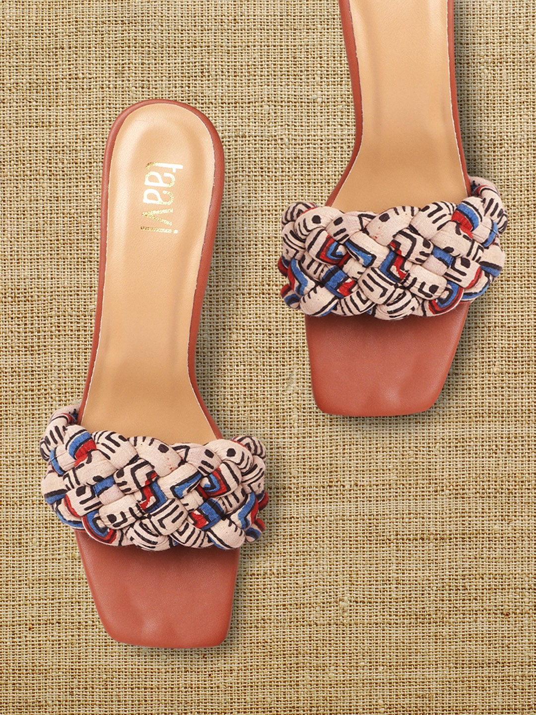 

Taavi Beige & Blue Basket Weave Printed Open Toe Block Heels