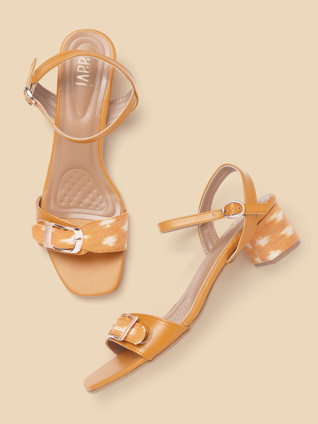 

Taavi Women Mustard Yellow & Off-White Self Design Handcrafted Block Heels
