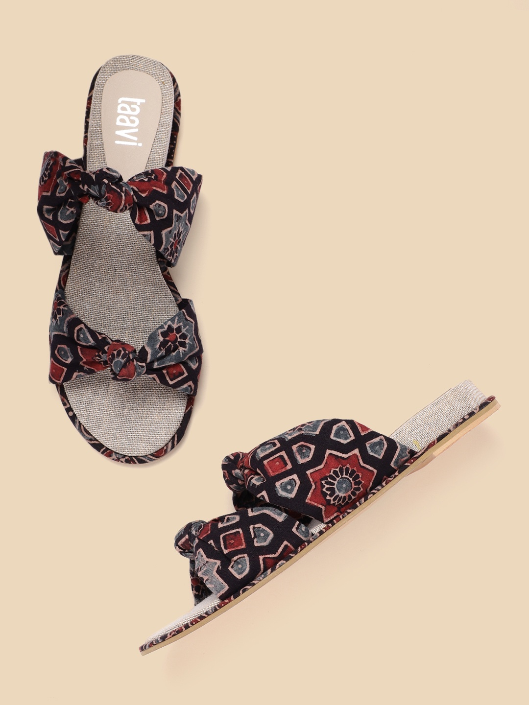 

Taavi Women Black & Blue Geometric Print Handcrafted Open-Toe Flats