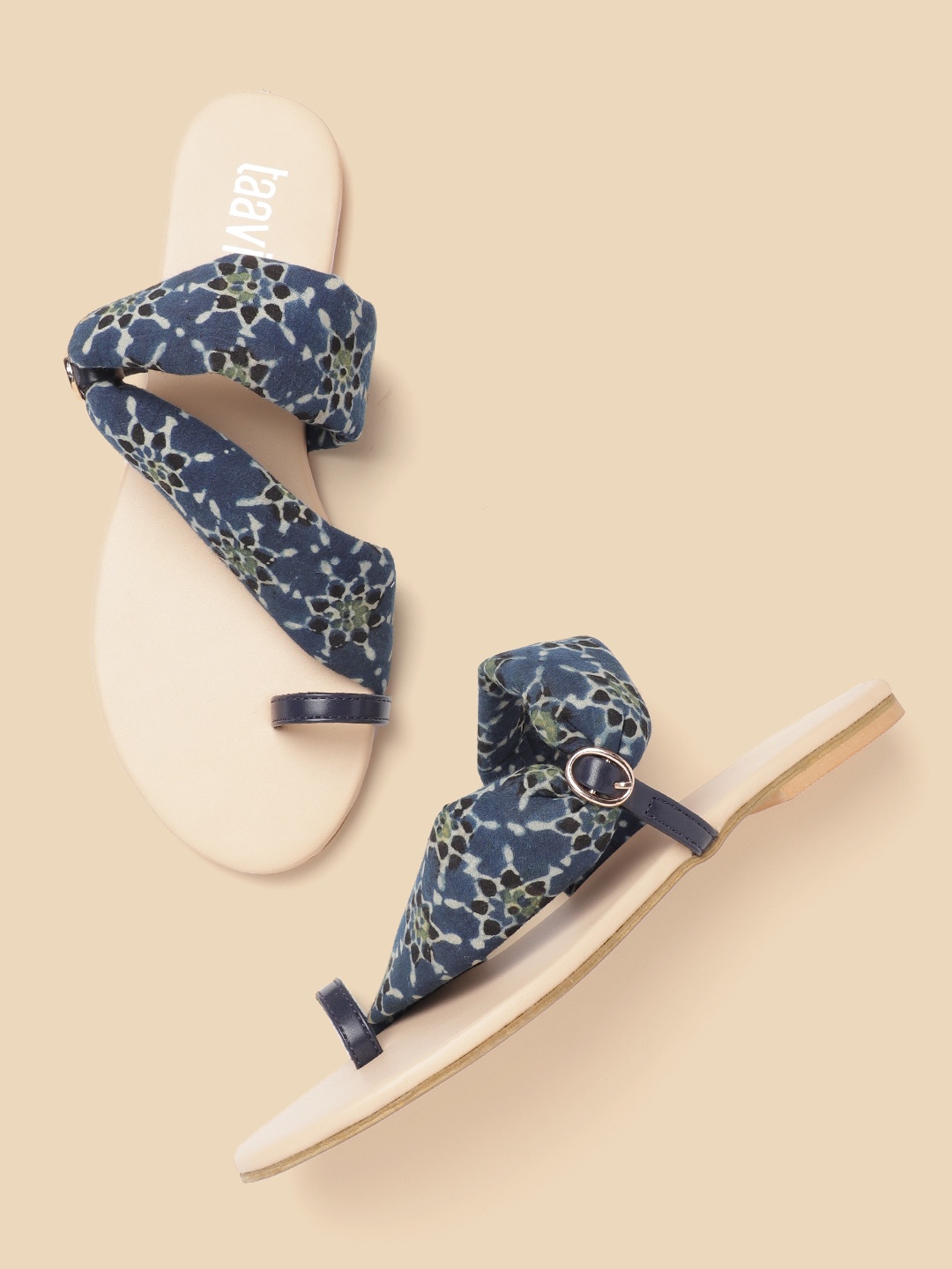 

Taavi Women Navy Blue & Off-White Ethnic Motifs Print Handcrafted Open Toe Flats
