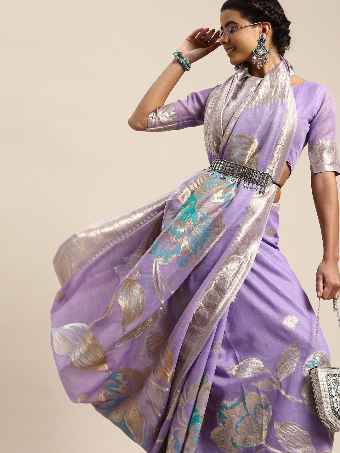

Saree mall Purple & Gold-Toned Floral Silk Blend Banarasi Sarees