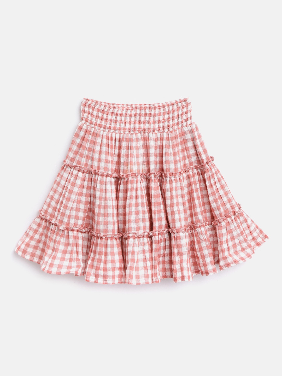 

luyk Girls Coral Pink & White Checked Pure Cotton Tiered Skirt
