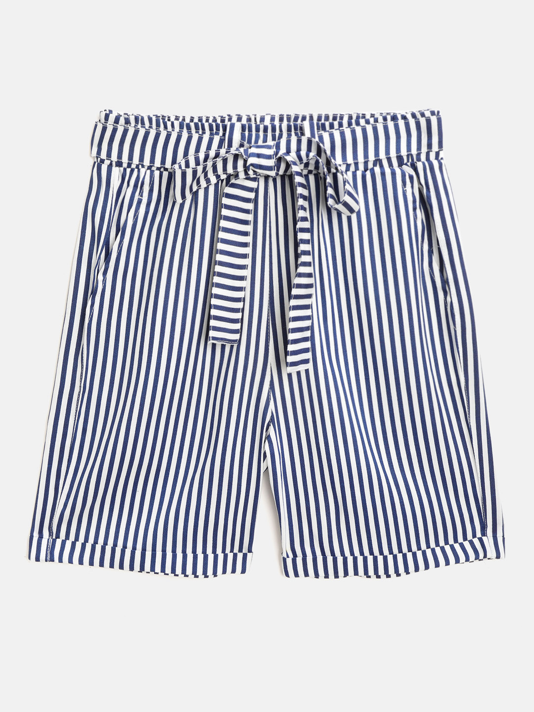 

luyk Girls Navy Blue & White Pure Cotton Striped High-Rise Regular Shorts