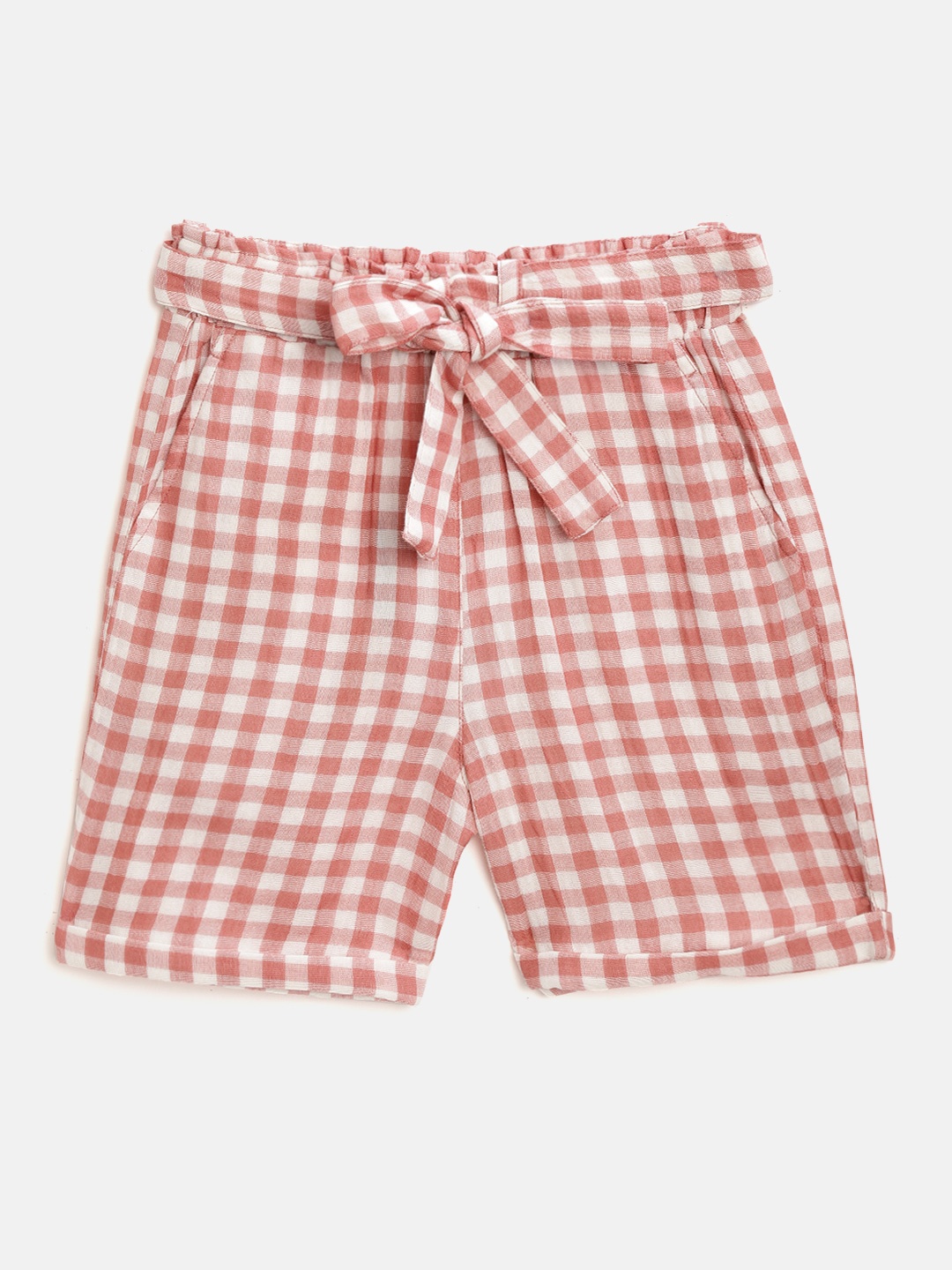 

luyk Girls Coral Pink & White Pure Cotton Checked High-Rise Regular Shorts