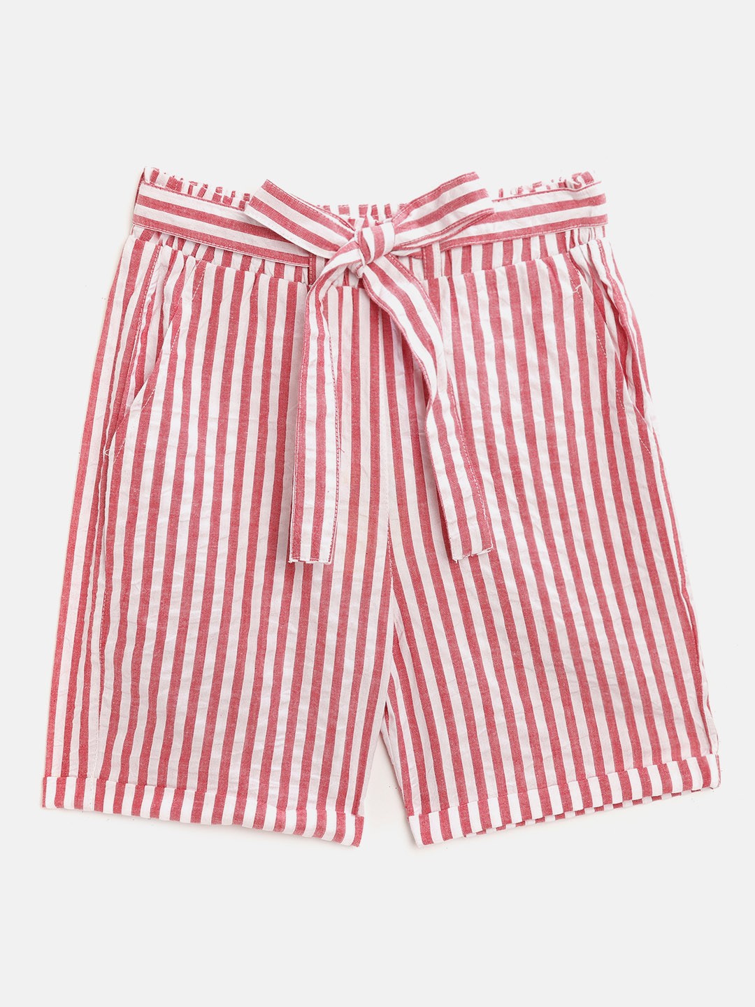 

luyk Girls Red & White Pure Cotton Striped High-Rise Regular Shorts