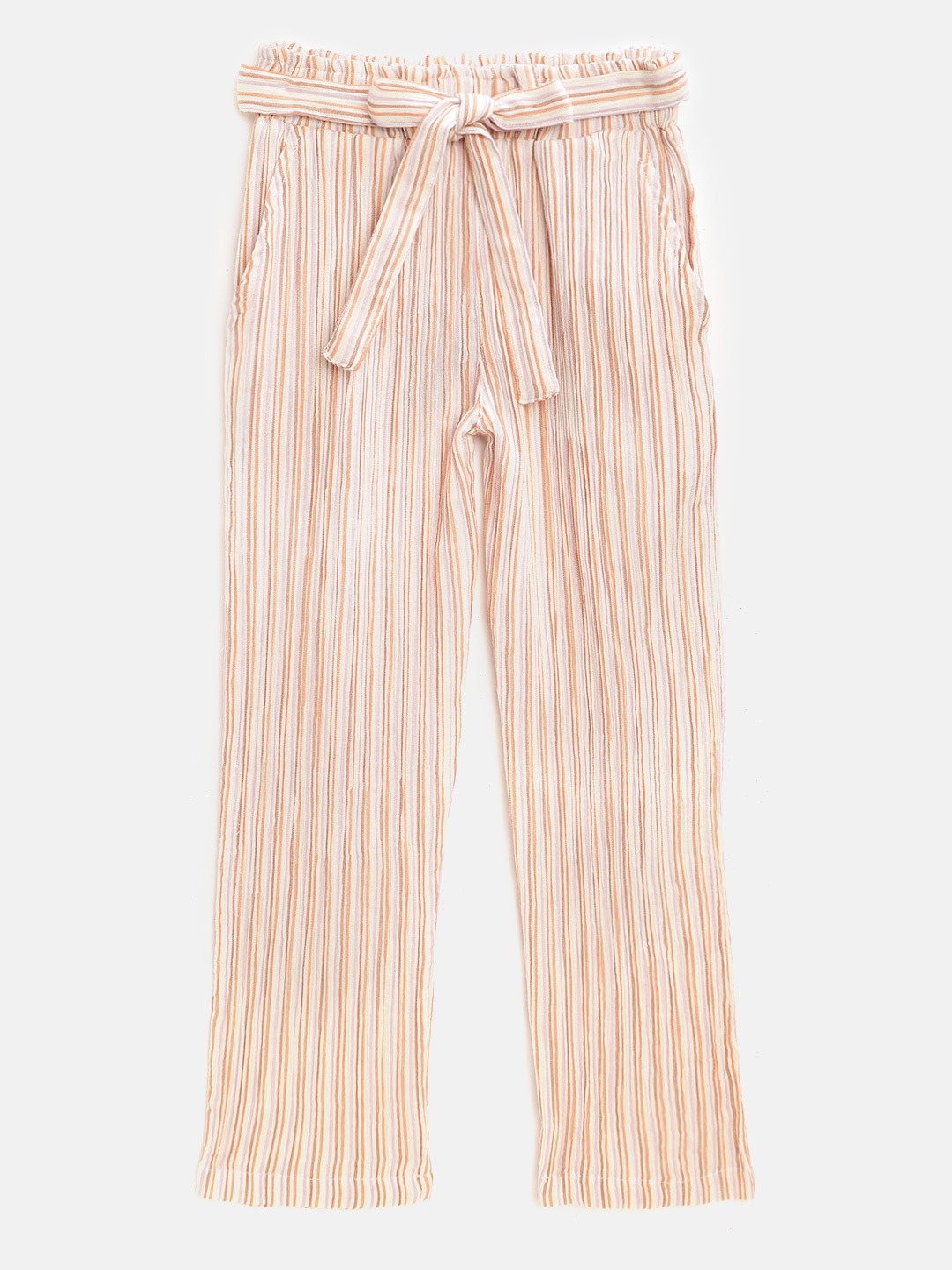 

luyk Girls Beige & Pink Striped Parallel Cotton Paper-Bag Waist Trousers with belt