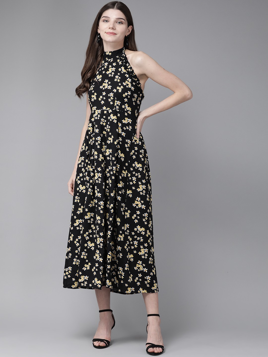 

The Dry State Women Black & Yellow Floral Printed A-Line Midi Dress
