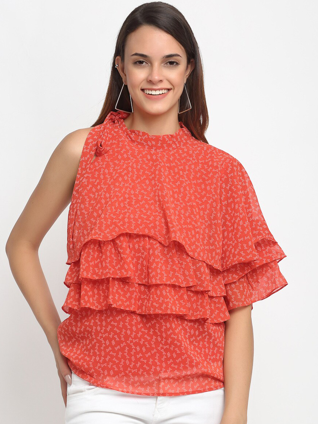 

Aujjessa Orange Printed Flared Sleeves Layered Georgette Regular Top