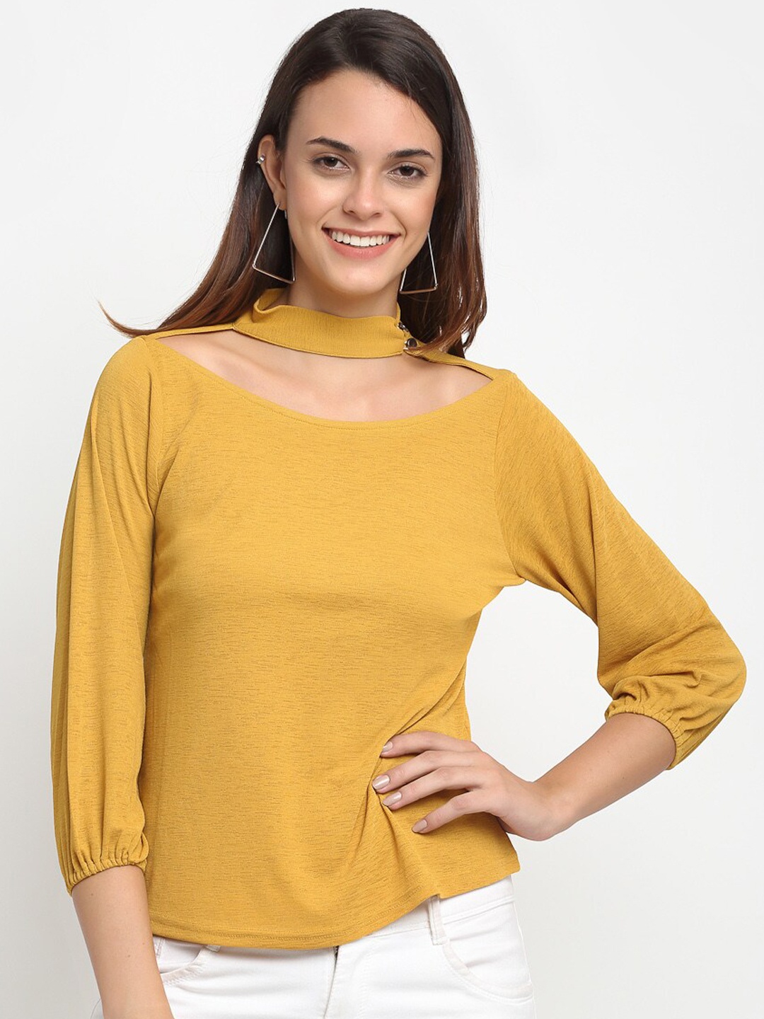 

Aujjessa Mustard Yellow Choker Neck Regular Top