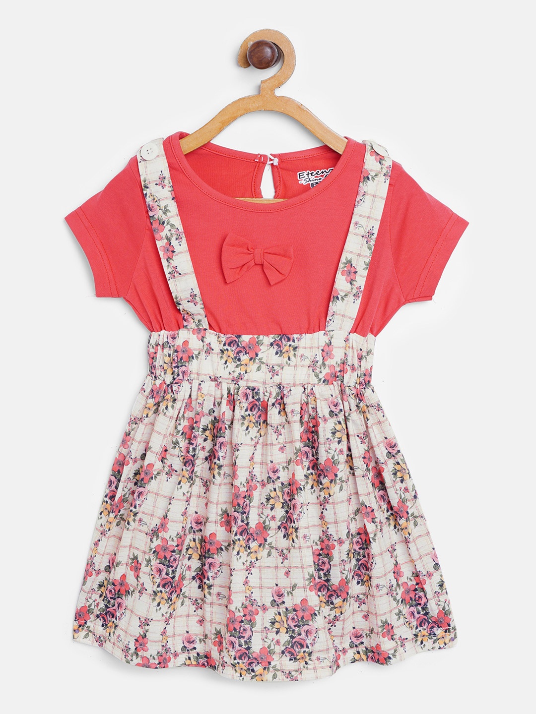 

Eteenz Girls Coral Red & Cream-Coloured Floral Print A-Line Dress