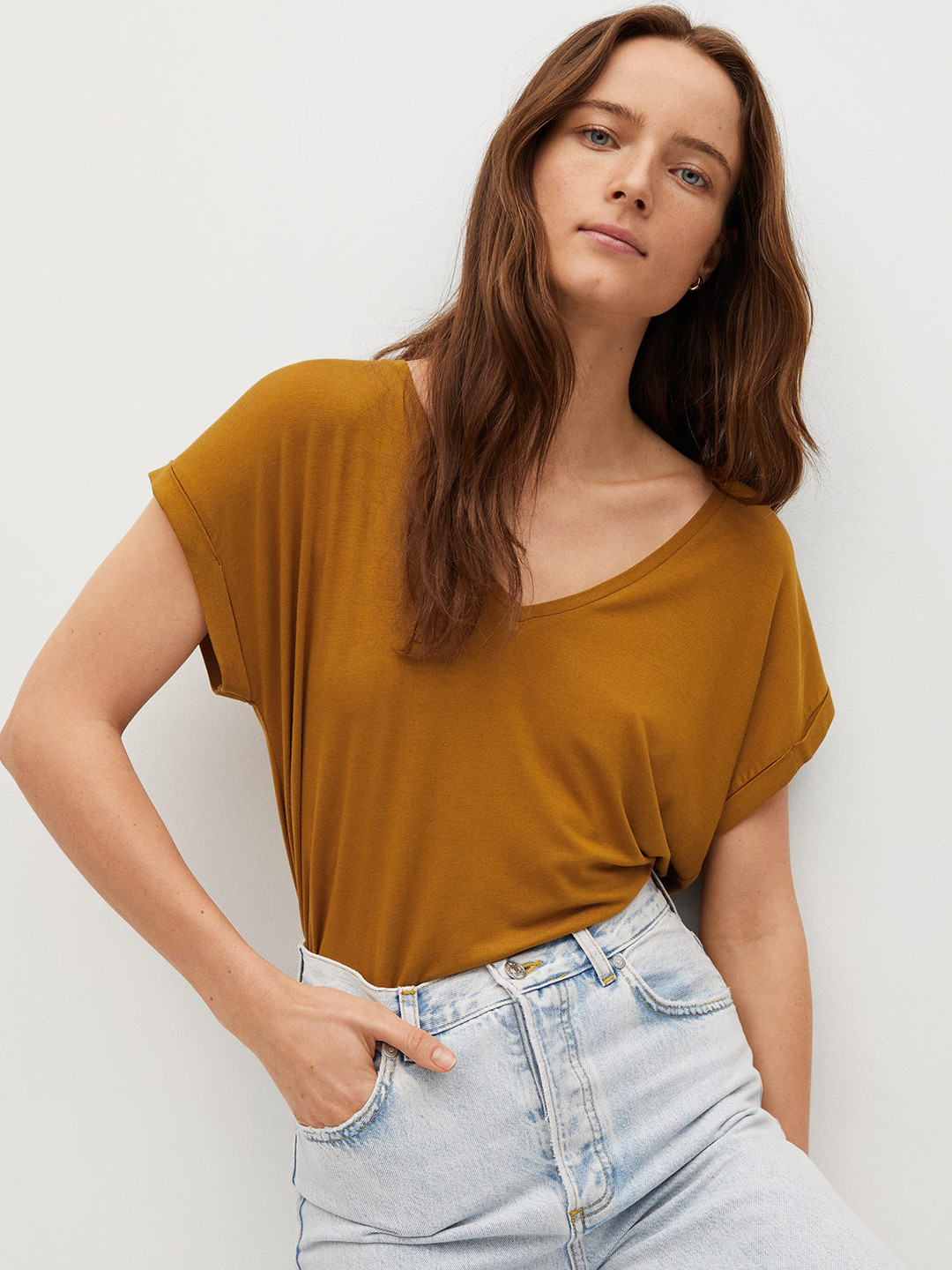 

MANGO Women Mustard Brown V-Neck Extended Sleeves T-shirt